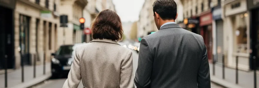 Couple découvrant une rue élégante du quartier Madeleine à Paris