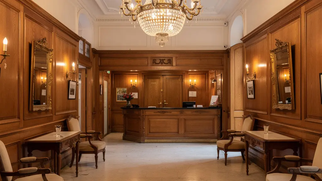 Hall d'entrée d'un hôtel parisien de tradition avec boiseries