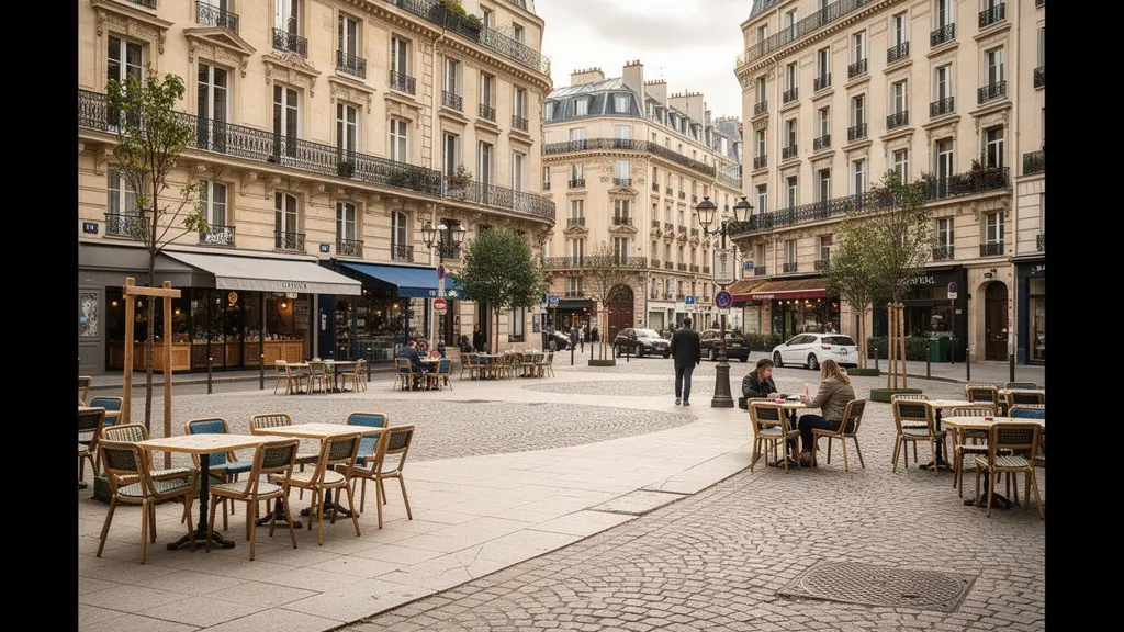 Terrasses de cafés sur une place du centre de Paris